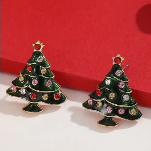Multicolor Christmas Tree Holiday Gold Toned Stud Earrings - Picture 1 of 2